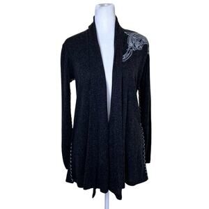 XT Sz Small Open Front Y2K Style Cardigan  Grunge Folk Embroidery Charcoal